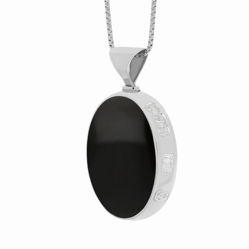 18ct White Gold Whitby Jet Turquoise King's Coronation Hallmark Double Sided Oval Necklace D