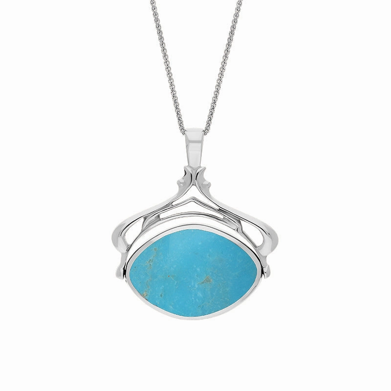 18ct White Gold Whitby Jet Turquoise Marquise Swivel Fob Necklace