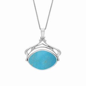 18ct White Gold Whitby Jet Turquoise Marquise Swivel Fob Necklace