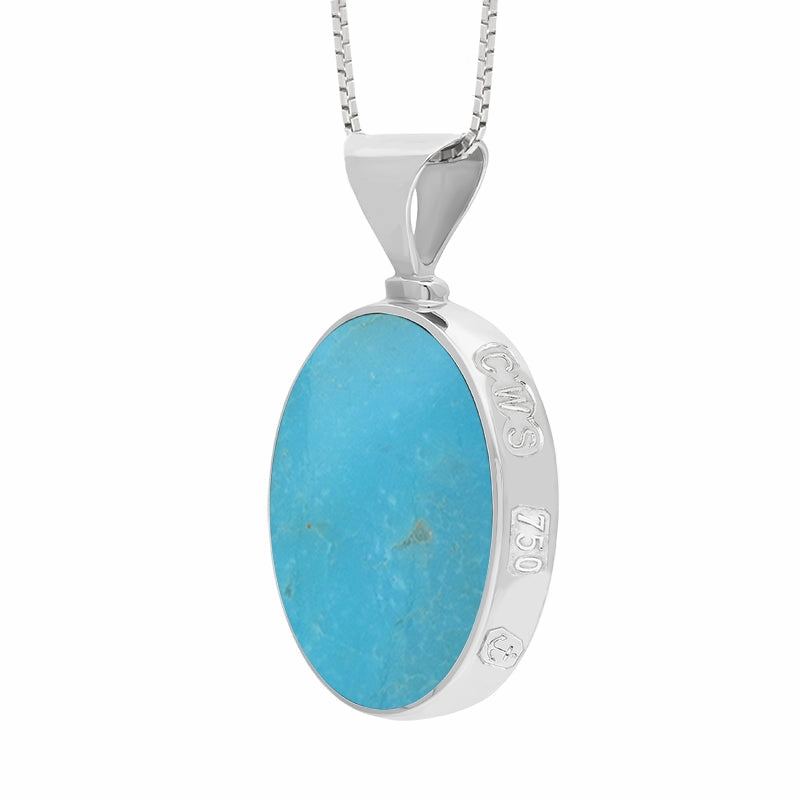18ct White Gold Whitby Jet Turquoise Queens Jubilee Hallmark Double Sided Oval Necklace D