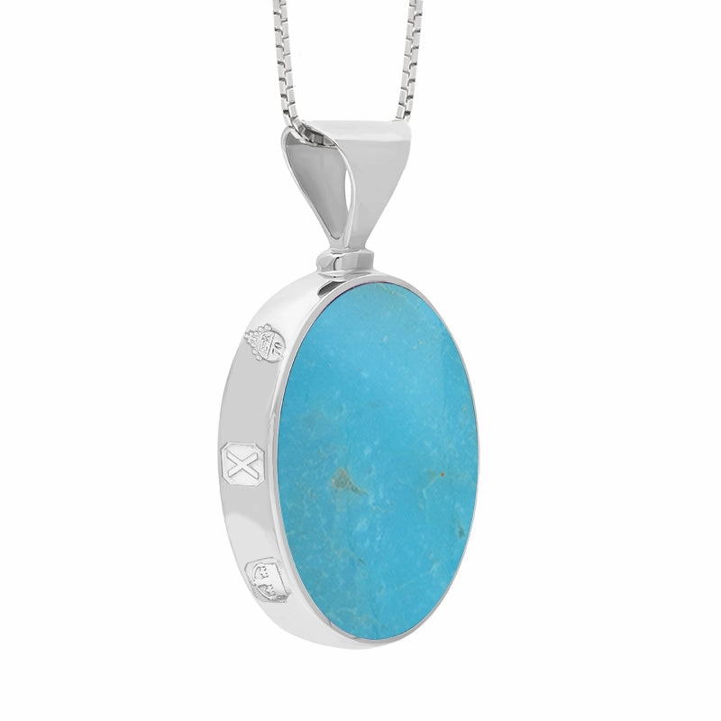 18ct White Gold Whitby Jet Turquoise Queens Jubilee Hallmark Double Sided Oval Necklace D