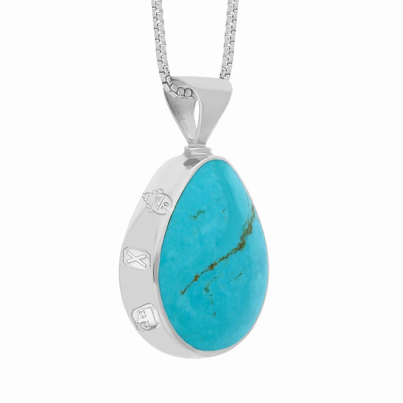18ct White Gold Whitby Jet Turquoise Queens Jubilee Hallmark Double Sided Pear-shaped Necklace D