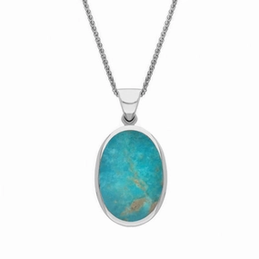 18ct White Gold Whitby Jet Turquoise Small Double Sided Fob Necklace