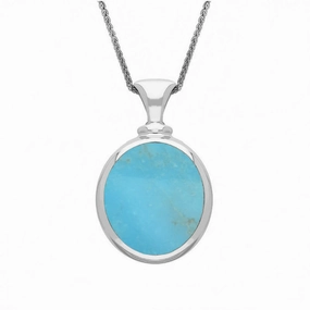 18ct White Gold Whitby Jet Turquoise Small Double Sided Oval Fob Necklace