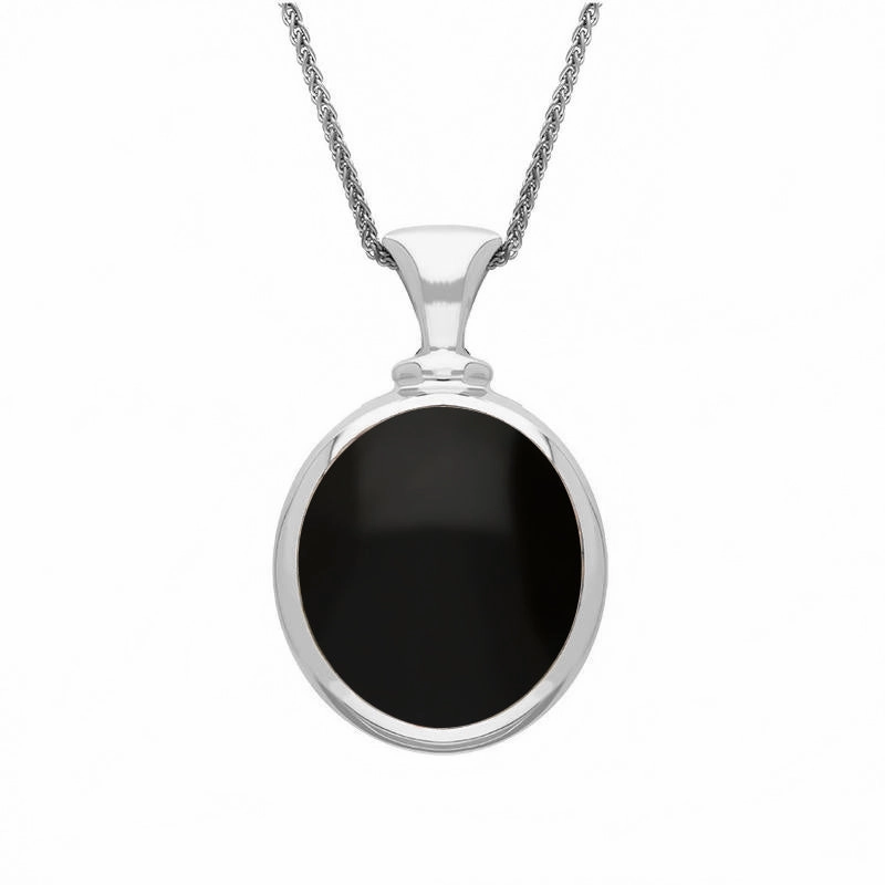 18ct White Gold Whitby Jet Turquoise Small Double Sided Oval Fob Necklace