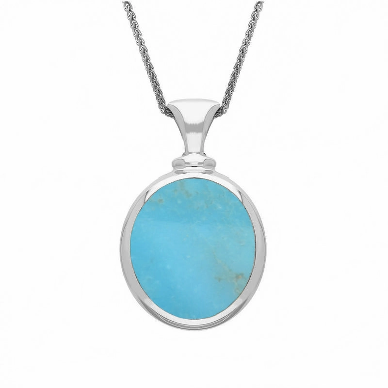18ct White Gold Whitby Jet Turquoise Small Double Sided Oval Fob Necklace