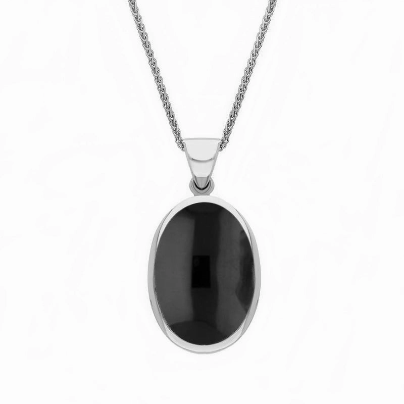 18ct White Gold Whitby Jet White Mother Of Pearl Small Double Sided Fob Necklace