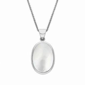 18ct White Gold Whitby Jet White Mother Of Pearl Small Double Sided Fob Necklace