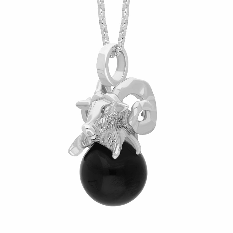 18ct White Gold Whitby Jet Zodiac Aries 8mm Bead Pendant