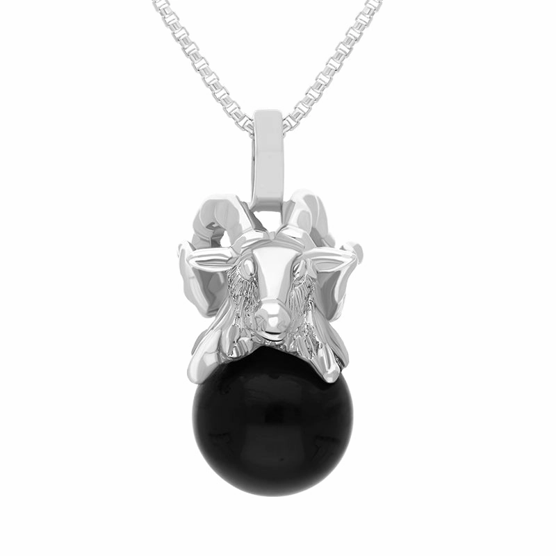 18ct White Gold Whitby Jet Zodiac Aries 8mm Bead Pendant