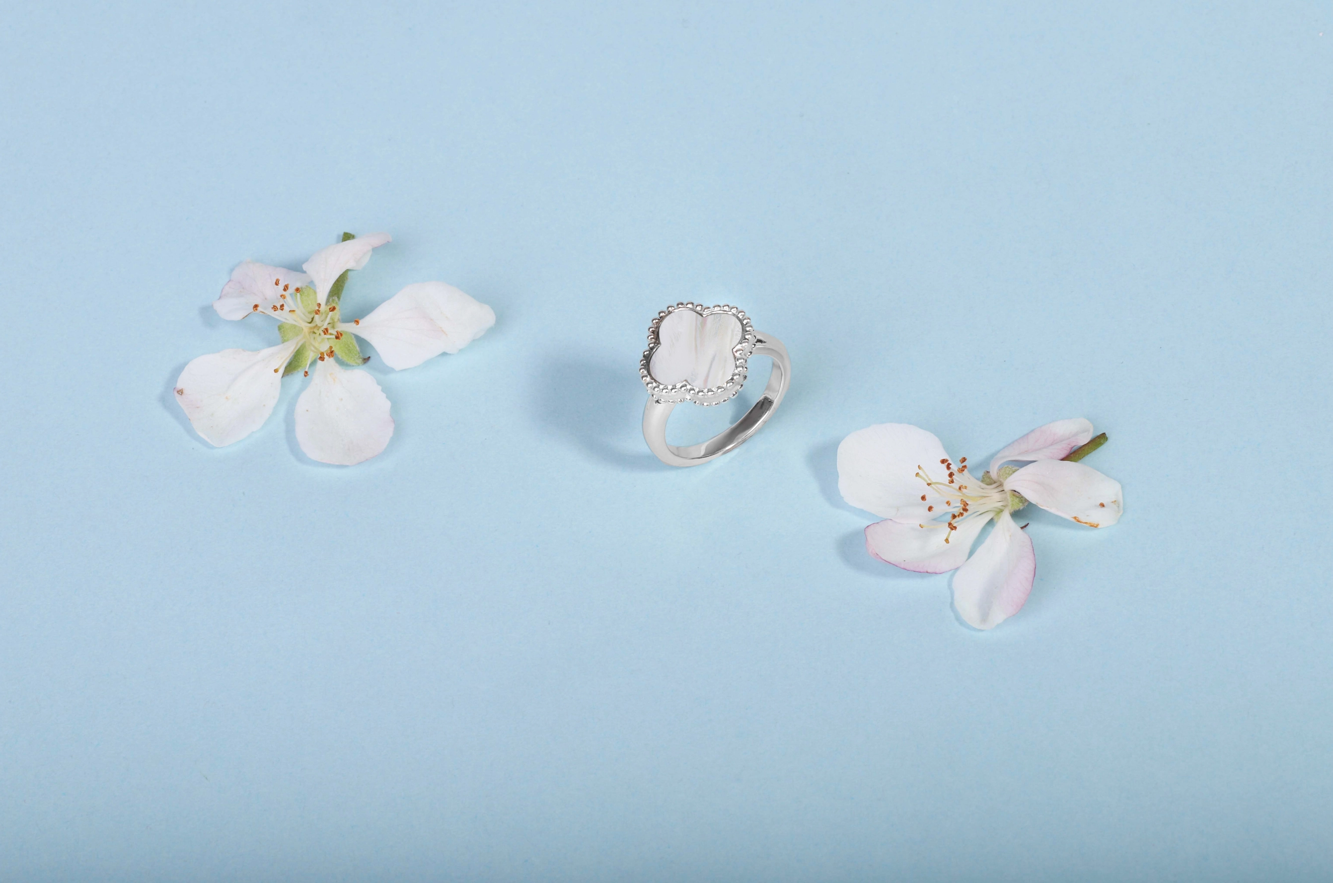 18ct White Gold White Mother of Pearl Bloom Four Leaf Clover Ball Edge Ring