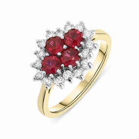 18ct Yellow & White Gold 0.85ct Ruby 0.40ct Diamond Claw Set Cluster Ring