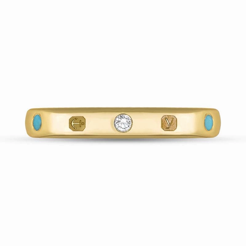 18ct Yellow Gold 0.06ct Diamond Turquoise King's Coronation Hallmark 3mm Ring D