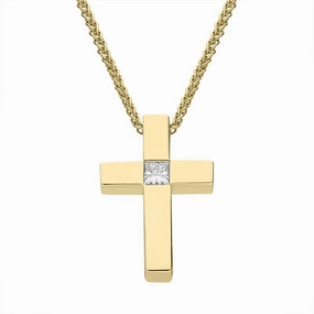 18ct Yellow Gold 0.10ct Diamond Princess Cut Cross Necklace