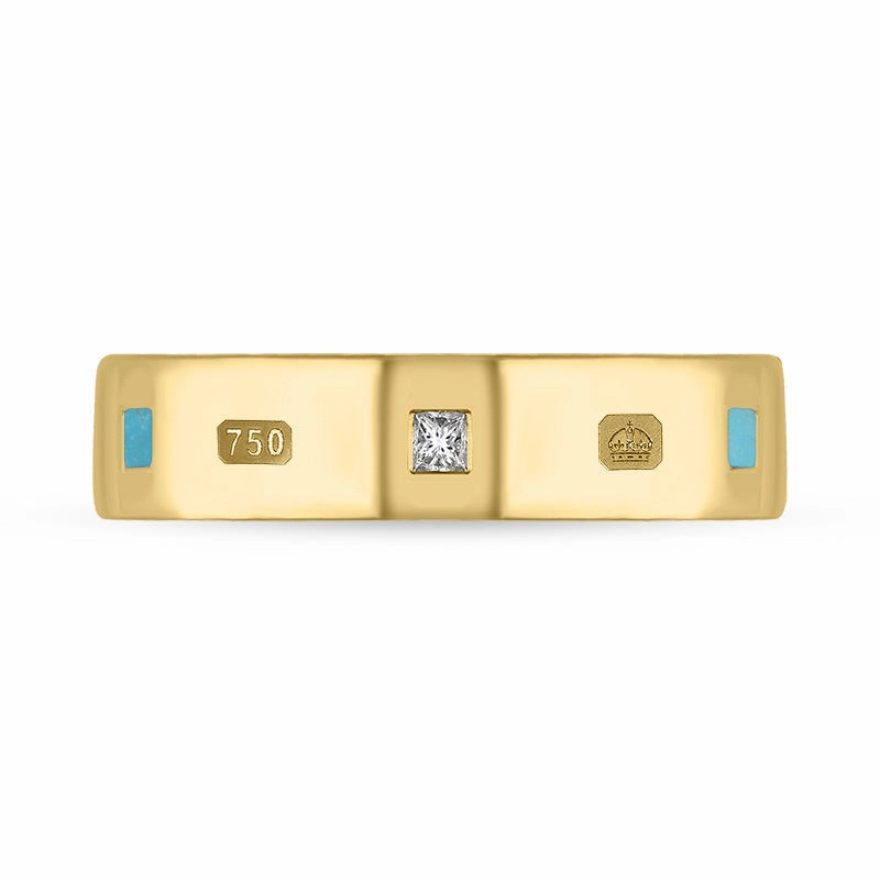 18ct Yellow Gold 0.12ct Diamond Turquoise King's Coronation Hallmark Princess Cut 5mm Ring D