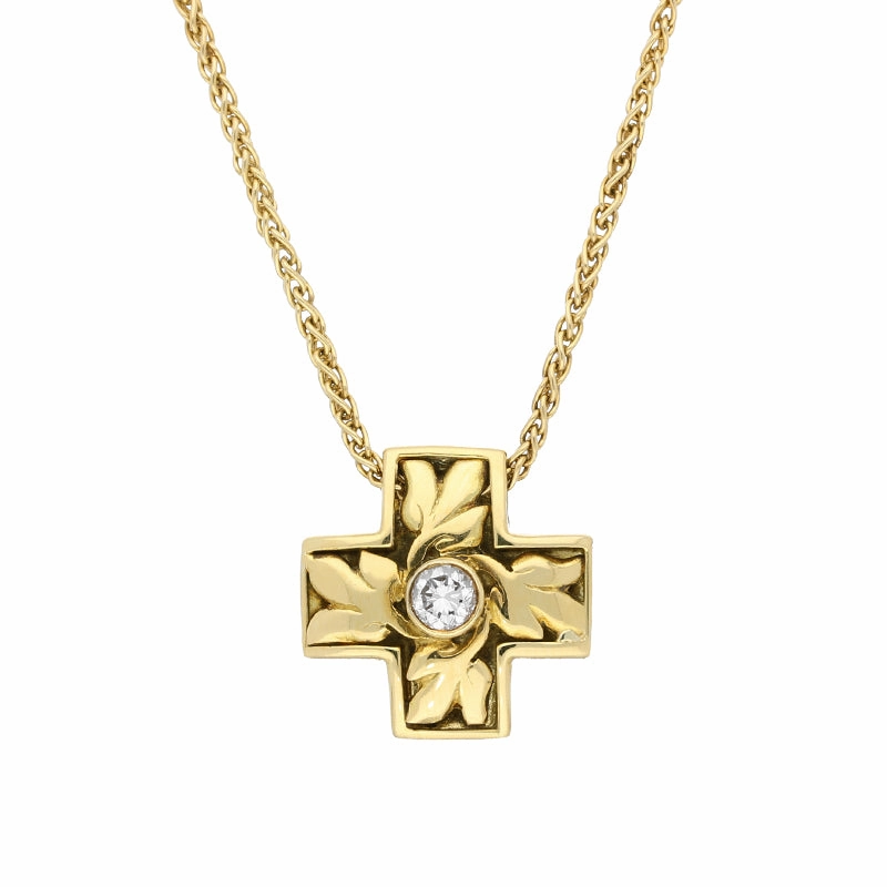 18ct Yellow Gold 0.25ct Diamond Oak Leaf Cross Necklace
