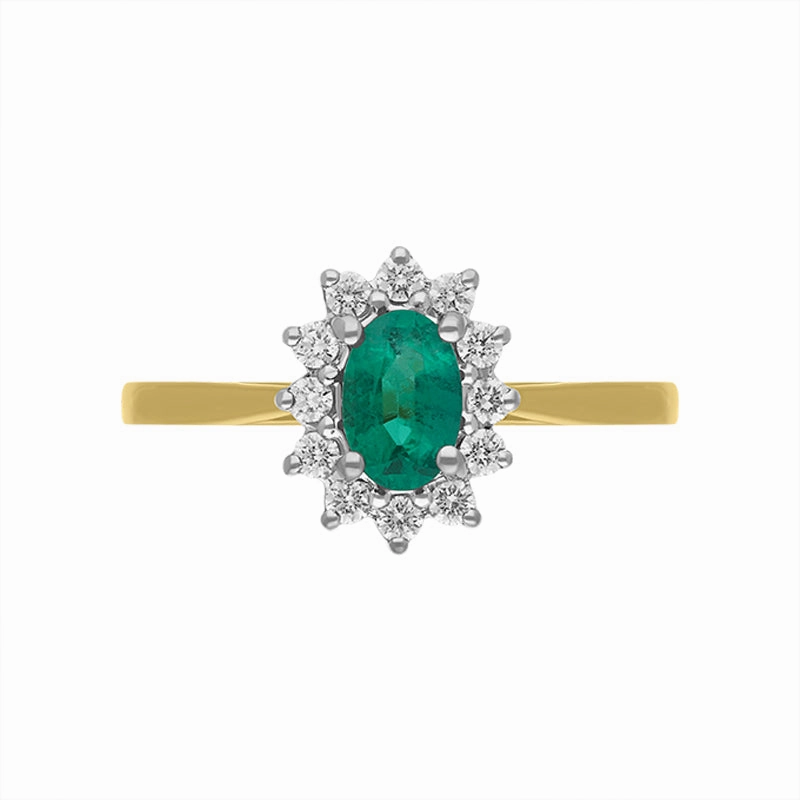 18ct Yellow Gold 0.34ct Emerald Diamond Oval Cluster Halo Ring