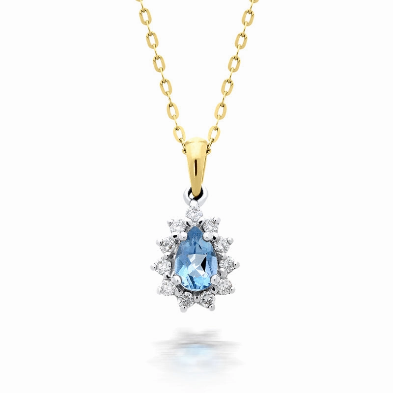 18ct Yellow Gold 0.37ct Aquamarine Diamond Teardop Necklace