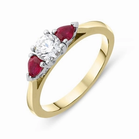 18ct Yellow Gold 0.40ct Ruby Diamond Pear Cut Trilogy Ring