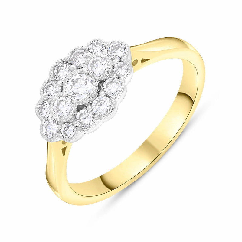 18ct Yellow Gold 0.50ct Diamond Millgrain Vintage Style Cluster Ring