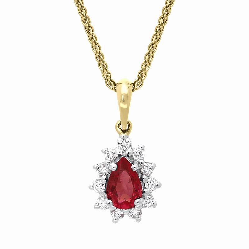 18ct Yellow Gold 0.56ct Ruby Diamond Pear Cluster Necklace