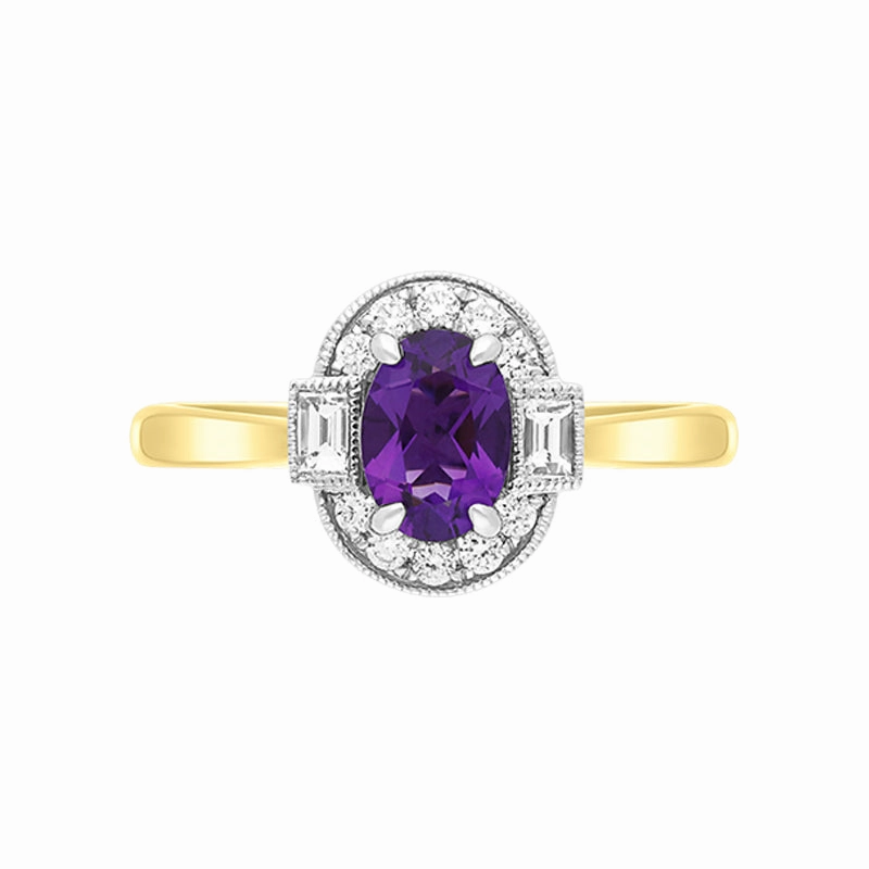 18ct Yellow Gold 0.63ct Amethyst Diamond Baguette Cut Halo Ring