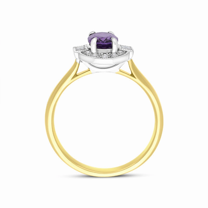 18ct Yellow Gold 0.63ct Amethyst Diamond Baguette Cut Halo Ring