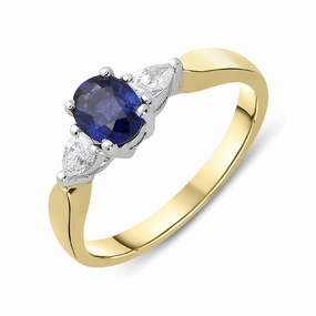 18ct Yellow Gold 0.84ct Sapphire Diamond Oval Cut Trilogy Ring