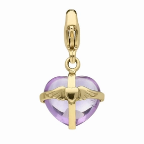 18ct Yellow Gold Amethyst Small Winged Heart Charm