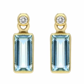 18ct Yellow Gold Aquamarine Diamond Oblong Cube Drop Earrings