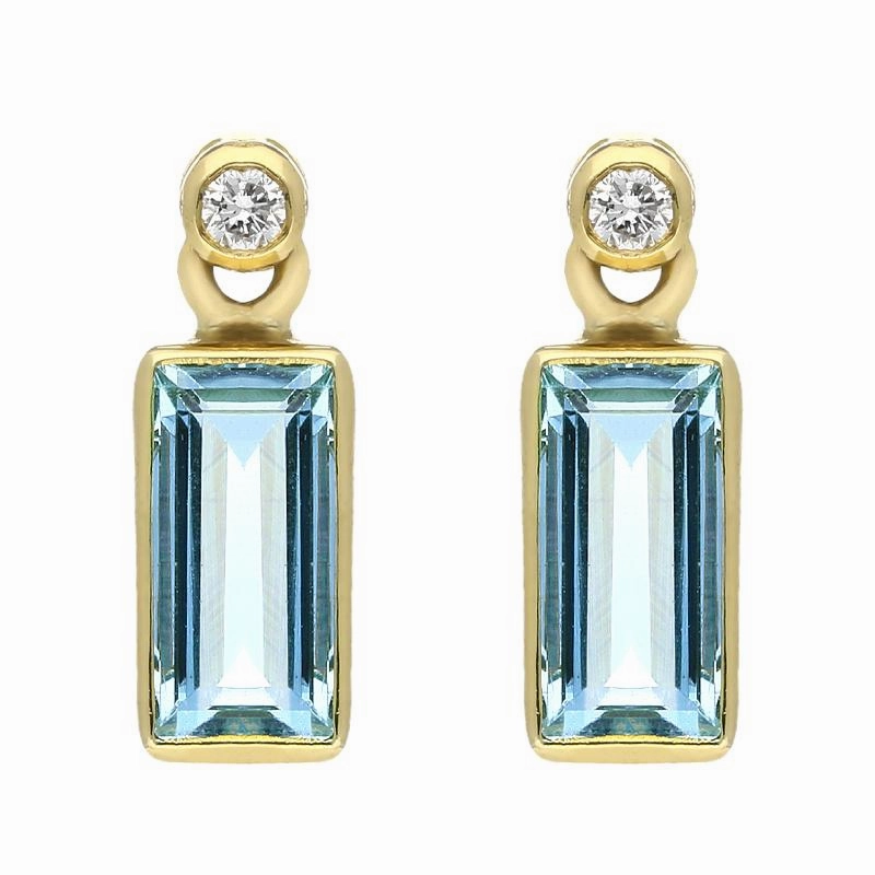 18ct Yellow Gold Aquamarine Diamond Oblong Cube Drop Earrings