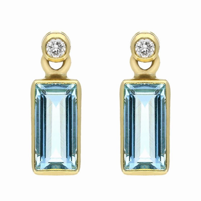 18ct Yellow Gold Aquamarine Diamond Oblong Cube Drop Earrings