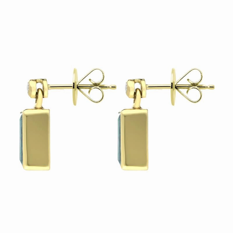 18ct Yellow Gold Aquamarine Diamond Oblong Cube Drop Earrings