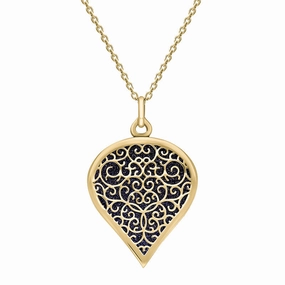 18ct Yellow Gold Blue Goldstone Flore Filigree Large Heart Necklace
