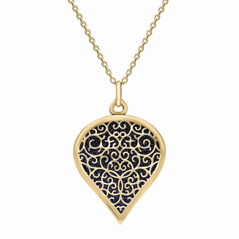 18ct Yellow Gold Blue Goldstone Flore Filigree Large Heart Necklace