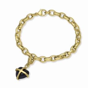 18ct Yellow Gold Blue Goldstone Small Cross Heart Charm Bracelet
