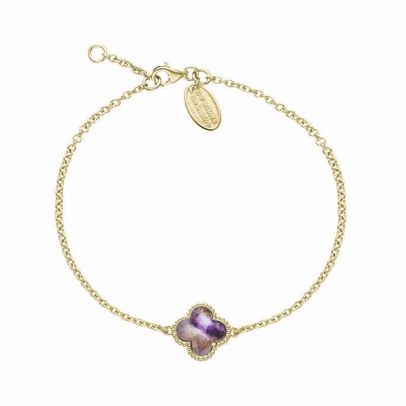 18ct Yellow Gold Blue John bloom Four Leaf Clover Ball Edge Chain Bracelet