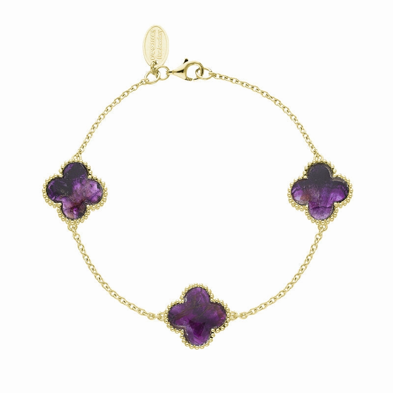 18ct Yellow Gold Blue John bloom Four Leaf Clover Ball Edge Chain Bracelet