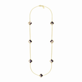18ct Yellow Gold Blue John bloom Four Leaf Clover Ball Edge Long Necklace
