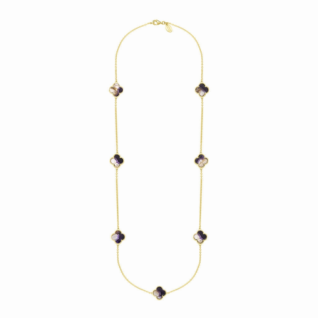 18ct Yellow Gold Blue John bloom Four Leaf Clover Ball Edge Long Necklace