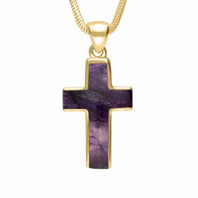 18ct Yellow Gold Blue John Channel Set Cross Necklace