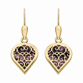 18ct Yellow Gold Blue John Flore Filigree Heart Drop Earrings