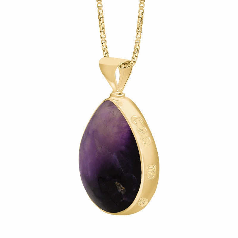 18ct Yellow Gold Blue John Mother of Pearl King's Coronation Hallmark Double Sided Pear-shaped Necklace D