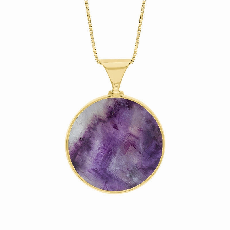 18ct Yellow Gold Blue John Mother of Pearl Queens Jubilee Hallmark Double Sided Round Necklace D