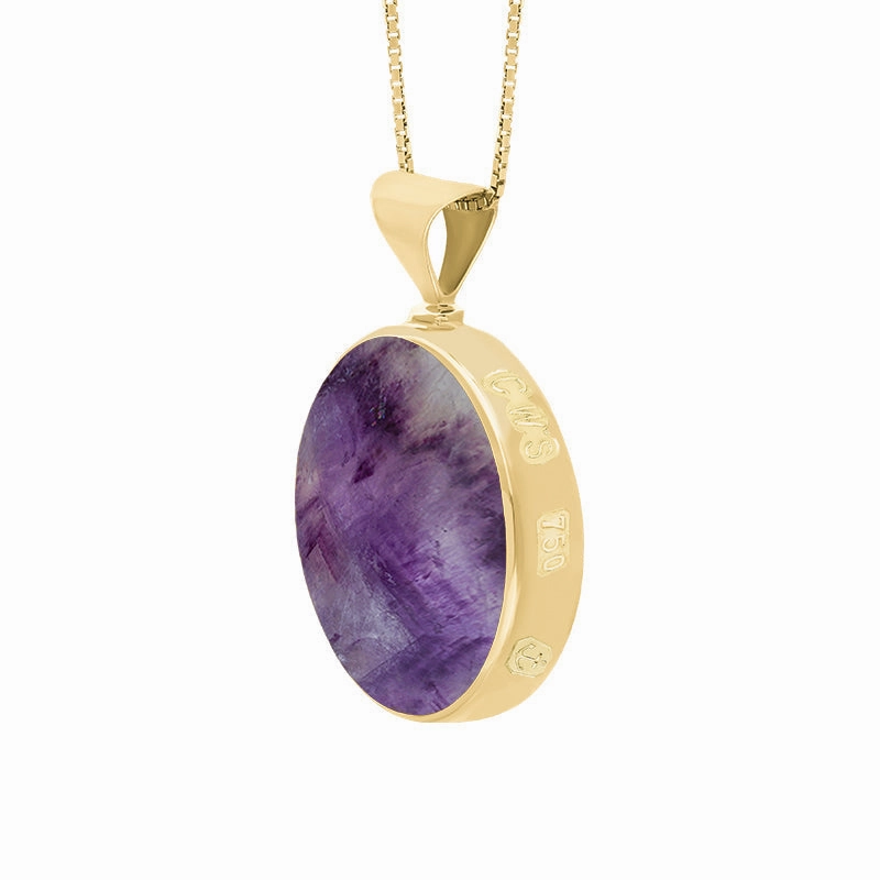 18ct Yellow Gold Blue John Mother of Pearl Queens Jubilee Hallmark Double Sided Round Necklace D