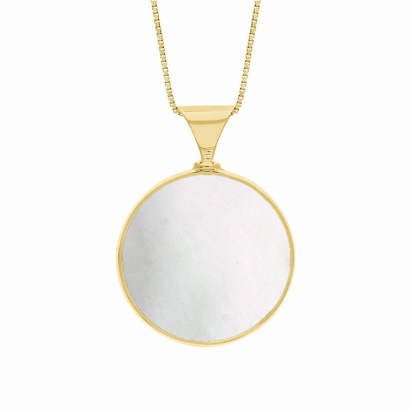18ct Yellow Gold Blue John Mother of Pearl Queens Jubilee Hallmark Double Sided Round Necklace D