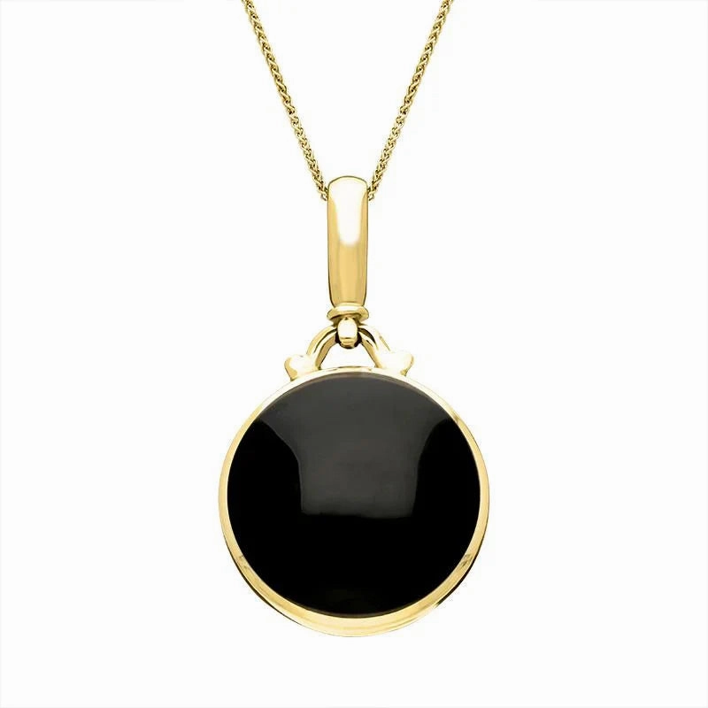 18ct Yellow Gold Blue John Whitby Jet Double Sided Round Fob Necklace