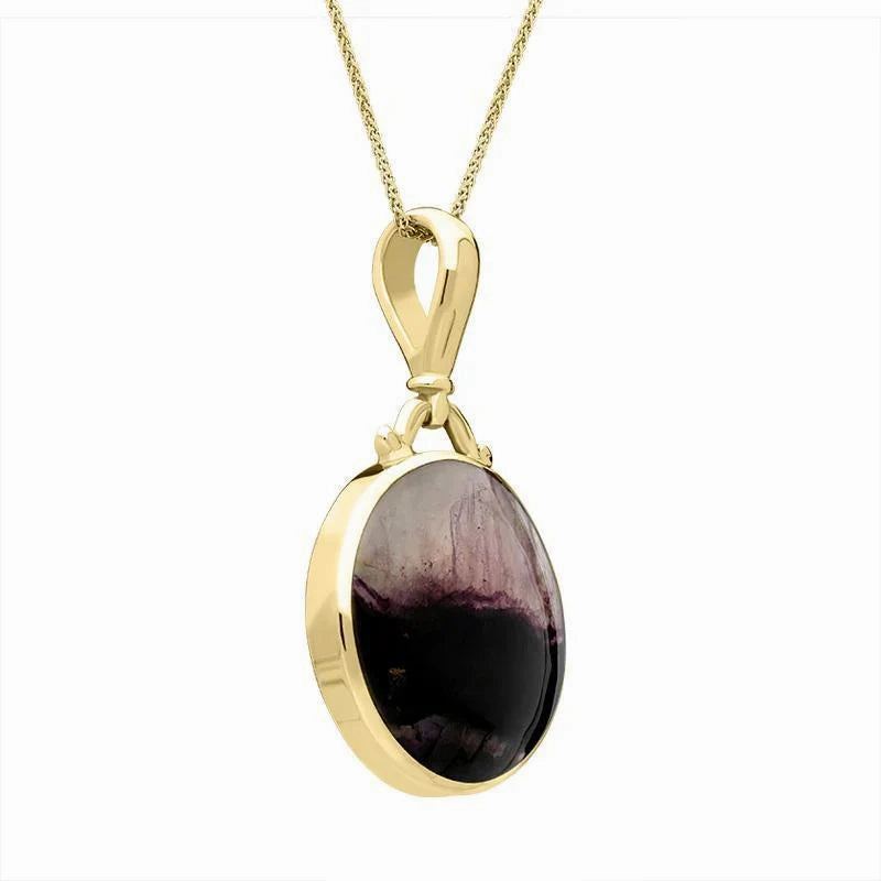 18ct Yellow Gold Blue John Whitby Jet Double Sided Round Fob Necklace