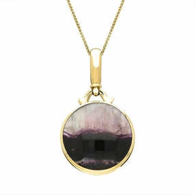 18ct Yellow Gold Blue John Whitby Jet Double Sided Round Fob Necklace