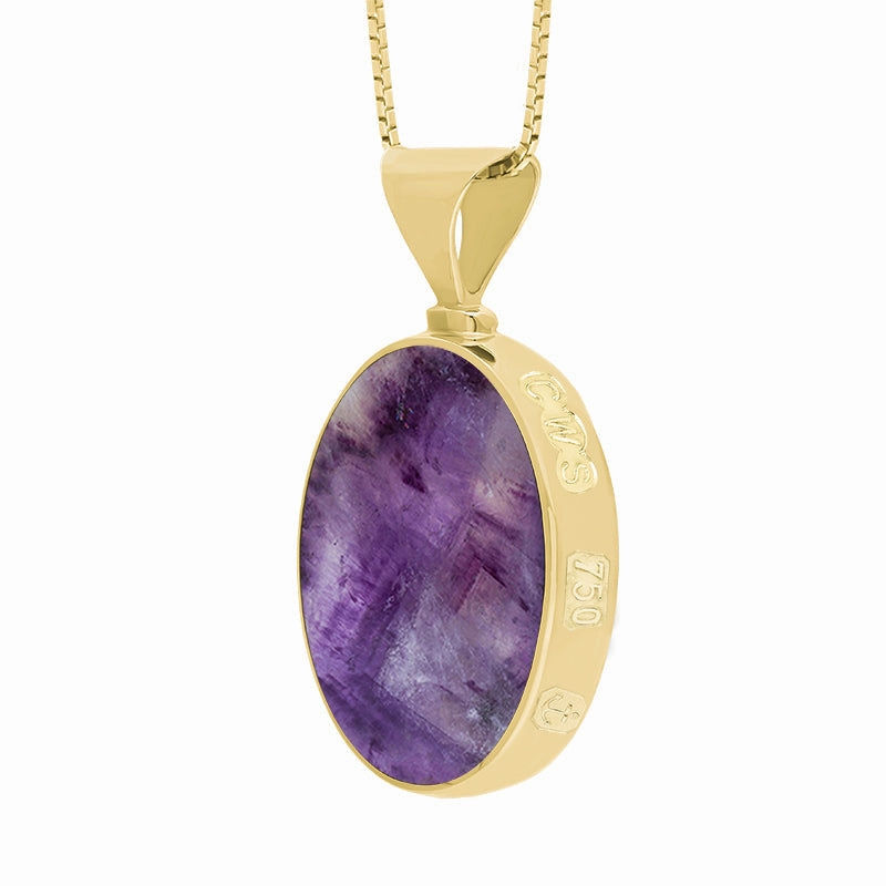18ct Yellow Gold Blue John Whitby Jet Queens Jubilee Hallmark Double Sided Oval Necklace D